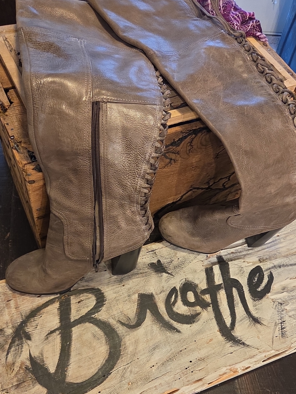 Vince Camuto Taupe Over-the-Knee Boots with Side Zip & Lace Trim US 9.5